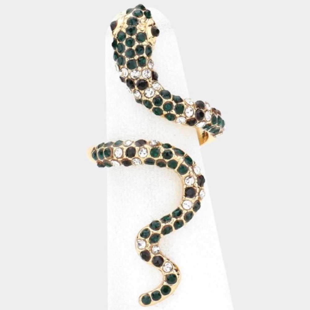 Gold rhinestone coil snake ring green black shiny stones
